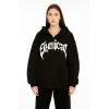 iegiyim™ Kadın Kapüşonlu 3 İplik Şardonlu Önü Baskılı Fermuarlı Oversize Sweatshirt - Siyah