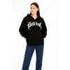 iegiyim™ Kadın Kapüşonlu 3 İplik Şardonlu Önü Baskılı Fermuarlı Oversize Sweatshirt - Siyah