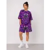 iegiyim™ Kadın Oversize Kalıp Pubg Bape X Shark Nakışlı Cepli Şort Takım - Mor