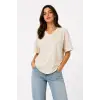 iegiyim™ Kadın V Yaka Basic Tişört Kısa Kol Yazlık Regular Fit T-Shirt - Bej