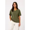iegiyim™ Kadın V Yaka Basic Tişört Kısa Kol Yazlık Regular Fit T-Shirt - Haki