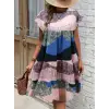 Kadın Kısa Kollu Bisiklet Yaka Kare Desenli Dalgıç Elbise