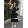 Kadın Kısa Kollu Bisiklet Yaka şerit Detaylı Midi Viskon Elbise