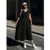 Kadın Kısa Kollu V Yakalı Pileli Uzun Janjan Krep Elbise