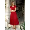 Kadın Kısa Kollu V Yakalı Yırtmaçlı Midi Viskon Elbise