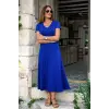 Kadın Kısa Kollu V Yakalı Yırtmaçlı Midi Viskon Elbise