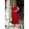 Kadın Kısa Kollu V Yakalı Yırtmaçlı Midi Viskon Elbise