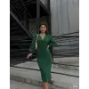 Kadın Kruvaze Yaka Balon Kol Simli Krep Kumaş Midi Boy Elbise