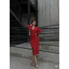 Kadın Kruvaze Yaka Balon Kol Simli Krep Kumaş Midi Boy Elbise