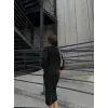 Kadın Kruvaze Yaka Balon Kol Simli Krep Kumaş Midi Boy Elbise