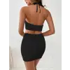 Kadın Sıfır Kol Crop Mini Etek Ikili Triko Takım