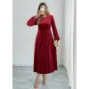 Kadın Uzun Kollu Bisiklet Yaka Midi Kadife Elbise