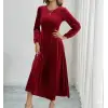 Kadın Uzun Kollu Bisiklet Yaka Midi Kadife Elbise