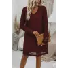 Kadın Uzun Kollu V Yakalı Tül şerit Detaylı Mini Krep Elbise