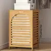 Kalın Ahşap Bambu Kirli Çamaşır Sepeti Kumaş Çantalı Sepet=43x33x67cm