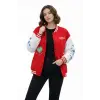 Kırmızı Varsity Çıtçıtlı Baskılı Oversize Kalıp Kolej Ceket - Kırmızı