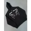 Kışlık Baskılı Fermuarlı Kapüşonlu Hırka - Siyah