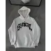 Kışlık Kapşonlu Baskılı Oversize SweatShirt- Beyaz