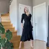 Krep Kumaş Midi Boy Kuşaklı Uzunkol Elbise 113 Cm