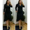 Krep Kumaş Midi Boy Kuşaklı Uzunkol Elbise 113 Cm