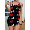 Love Desenli Siyah Saten Gecelik