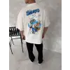 Ön Ve Arka Baskılı Oversize Bisiklet Yaka T-shirt- Beyaz