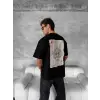 Ön Ve Arka Baskılı Oversize Bisiklet Yaka T-shirt - Siyah