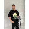 Ön Ve Arka Baskılı Oversize Bisiklet Yaka T-shirt- Siyah