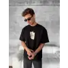 Ön Ve Arka Baskılı Oversize Bisiklet Yaka T-shirt - Siyah