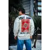 Oversize Bisiklet Yaka Üç İplik Baskılı SweatShirt - Beyaz