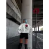 Oversize Üç İplik Bisiklet Yaka Baskılı SweatShirt - Beyaz