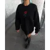 Oversize Üç İplik Bisiklet Yaka Baskılı SweatShirt - Siyah