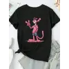 Pembe Panter Baskılı Oversize Bisiklet Yaka T-shirt - Beyaz