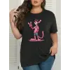 Pembe Panter Baskılı Oversize Bisiklet Yaka T-shirt - Beyaz