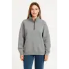 Üç İplik Dık Yaka Yarım Fermuarlı SweatShirt - Gri
