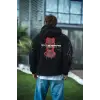 Üç İplik Kapüşonlu Baskılı Oversize SweatShirt- Siyah
