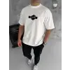 Unisex Bisiklet Yaka Baskılı Double Oversize T-Shirt - Beyaz