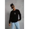 Unisex Bisiklet Yaka Baskılı Oversize Sweatshirt - Siyah