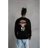Unisex Bisiklet Yaka Baskılı Oversize Sweatshirt - Siyah