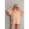 Unisex Bisiklet Yaka Baskılı Oversize T-Shirt - Bej