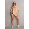 Unisex Bisiklet Yaka Baskılı Oversize T-Shirt - Bej