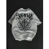 Unisex Bisiklet Yaka Baskılı Oversize T-Shirt - Beyaz
