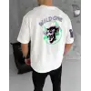 Unisex Bisiklet Yaka Baskılı Oversize T-Shirt - Beyaz