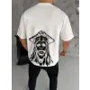 Unisex Bisiklet Yaka Baskılı Oversize T-Shirt - Beyaz