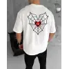 Unisex Bisiklet Yaka Baskılı Oversize T-Shirt - Beyaz