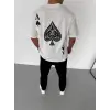 Unisex Bisiklet Yaka Baskılı Oversize T-Shirt - Beyaz