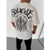 Unisex Bisiklet Yaka Baskılı Oversize T-Shirt - Beyaz