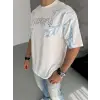 Unisex Bisiklet Yaka Baskılı Oversize T-Shirt - Beyaz