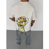 Unisex Bisiklet Yaka Baskılı Oversize T-Shirt - Beyaz
