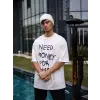Unisex Bisiklet Yaka Baskılı Oversize T-Shirt - Beyaz